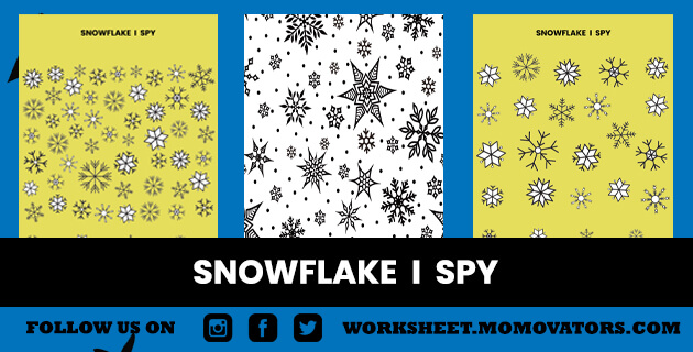 winter i spy printable worksheets, snowflake worksheets for kindergarten, snowflake themed I spy game, free printable snowflake @momovators