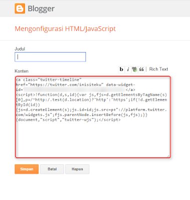 Memasang widget twitter di blogger.com