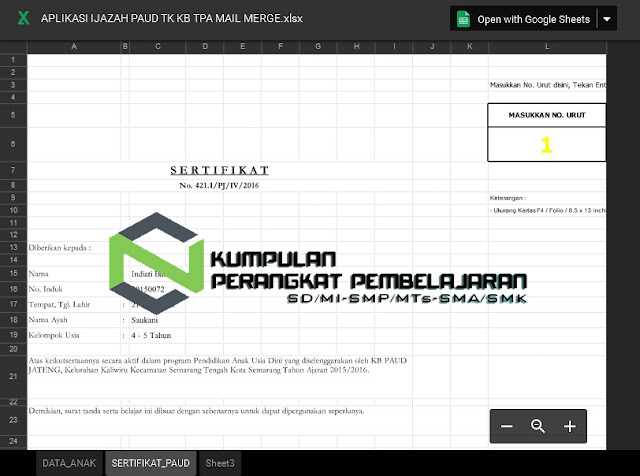 Aplikasi Ijazah TK PAUD Excel Desain Keren