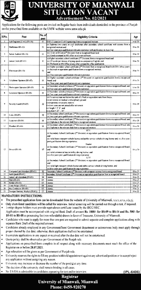 Latest Jobs in University of Mianwali  2021- Apply online