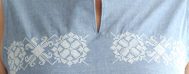 McCall's 7600  using chambray and a machine embroidery design from Etsy