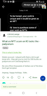 A phone screenshot showing a thread on Reddit explaining a NFT art scam.