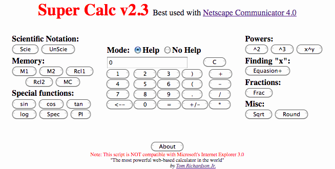 The original, unmodified supercalc.txt display