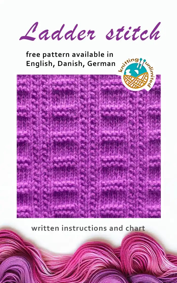 Ladder stitch pattern is offered in three languages - English, Danish, and German - and all versions are available for free