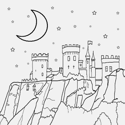 Nocturnal atmosphere sky sketch for kids half moon stars medieval castle coloring page to print out