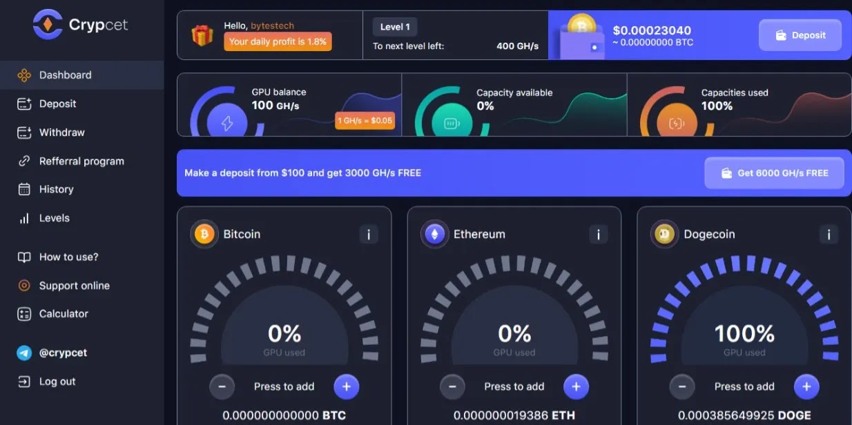 crypcet dashboard free cloud mining