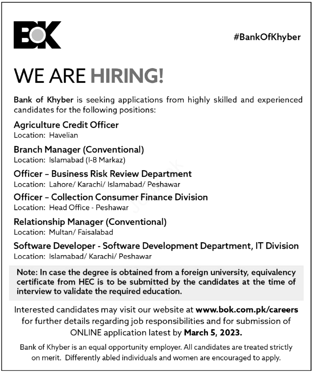 BOK Jobs 2023 – Bank of Khyber Jobs 2023 Apply Online