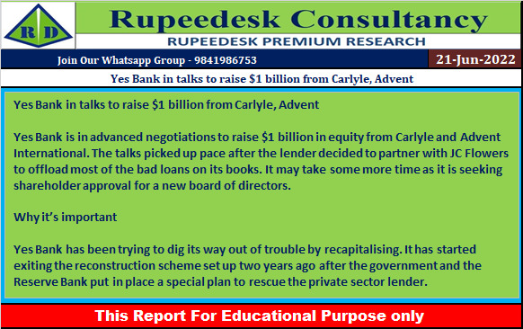 Yes Bank in talks to raise $1 billion from Carlyle, Advent - Rupeedesk Reports - 21.06.2022