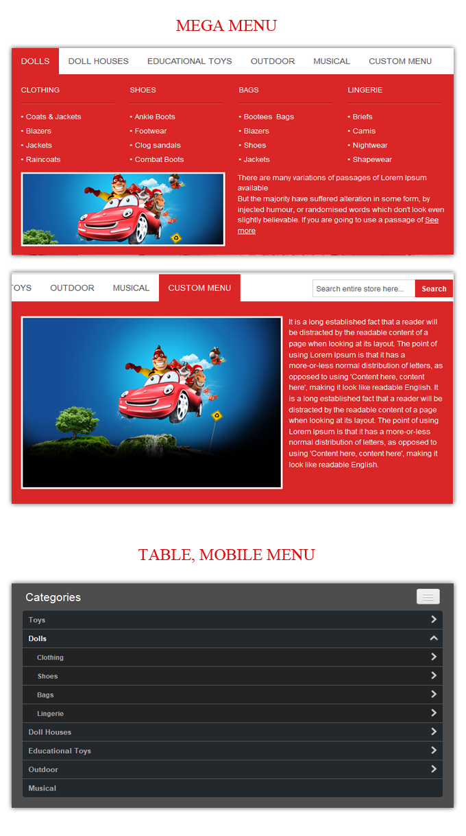 Doll Store Responsive Magento Theme menu collection