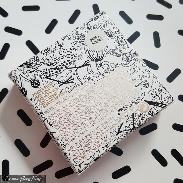 back of MAC Liberty Of London blush box with shade sticker, Prim & Proper