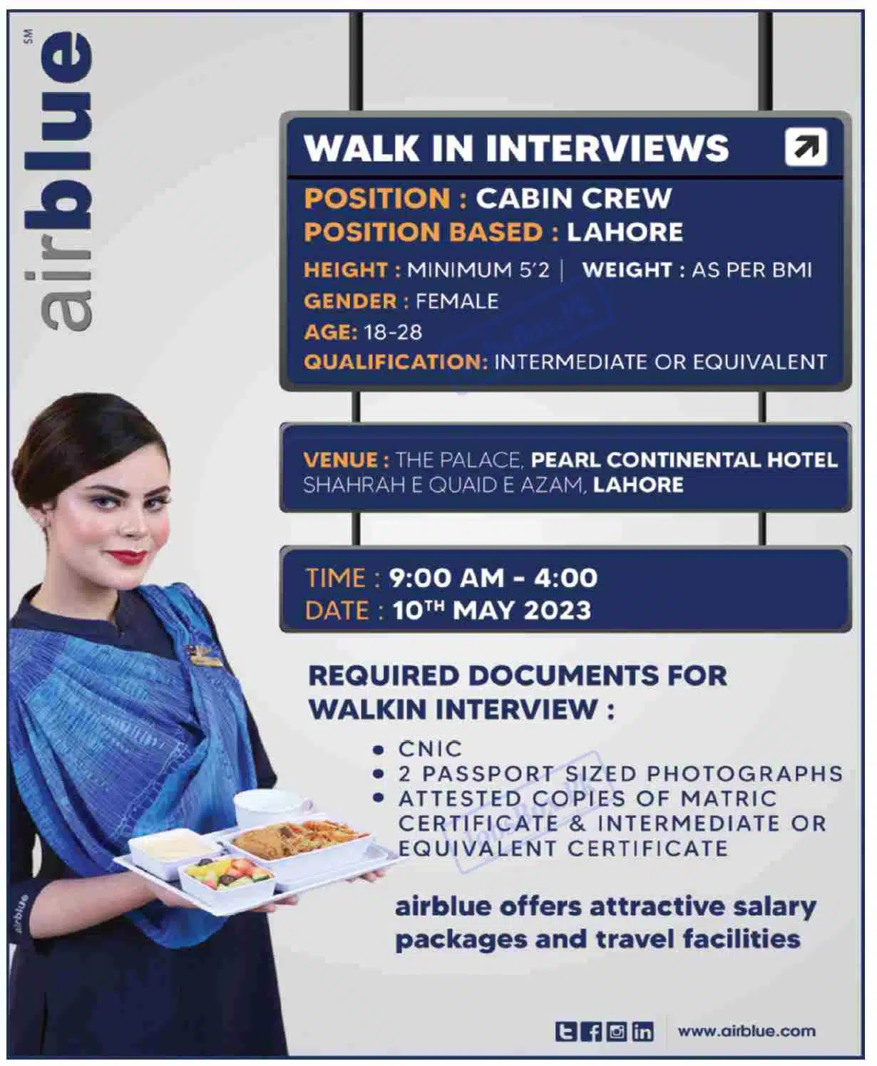Air Blue Jobs 2023 for Cabin Crew | Walk In Interview