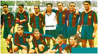 F. C. BARCELONA - Barcelona, España - Temporada 1931-32 - Alcoriza, Font, Pedrol, Nogués, Ramón, Rafa, Piera; Arocha, Parera, Goiburu y Martí - 3º en la Liga de 1ª División y finalista en la Copa, que pierde contra el Athletic de Bilbao. Jack Greenwell era el entrenador