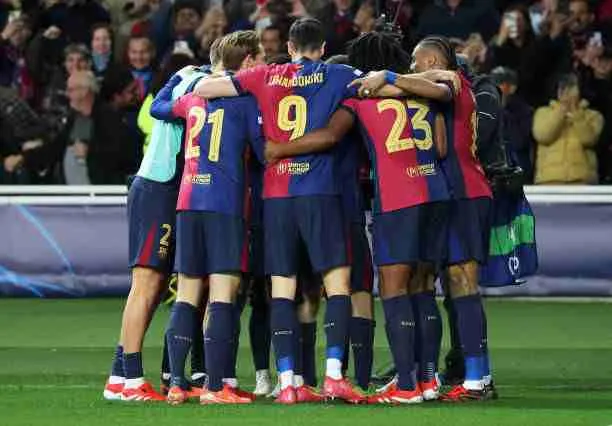 FC Barcelona players celebrate during the UEFA Champions League match at Lluis Companys Stadium in Barcelona, Spain, on January 29, 2025. Photo by Joan Valls/Getty Images