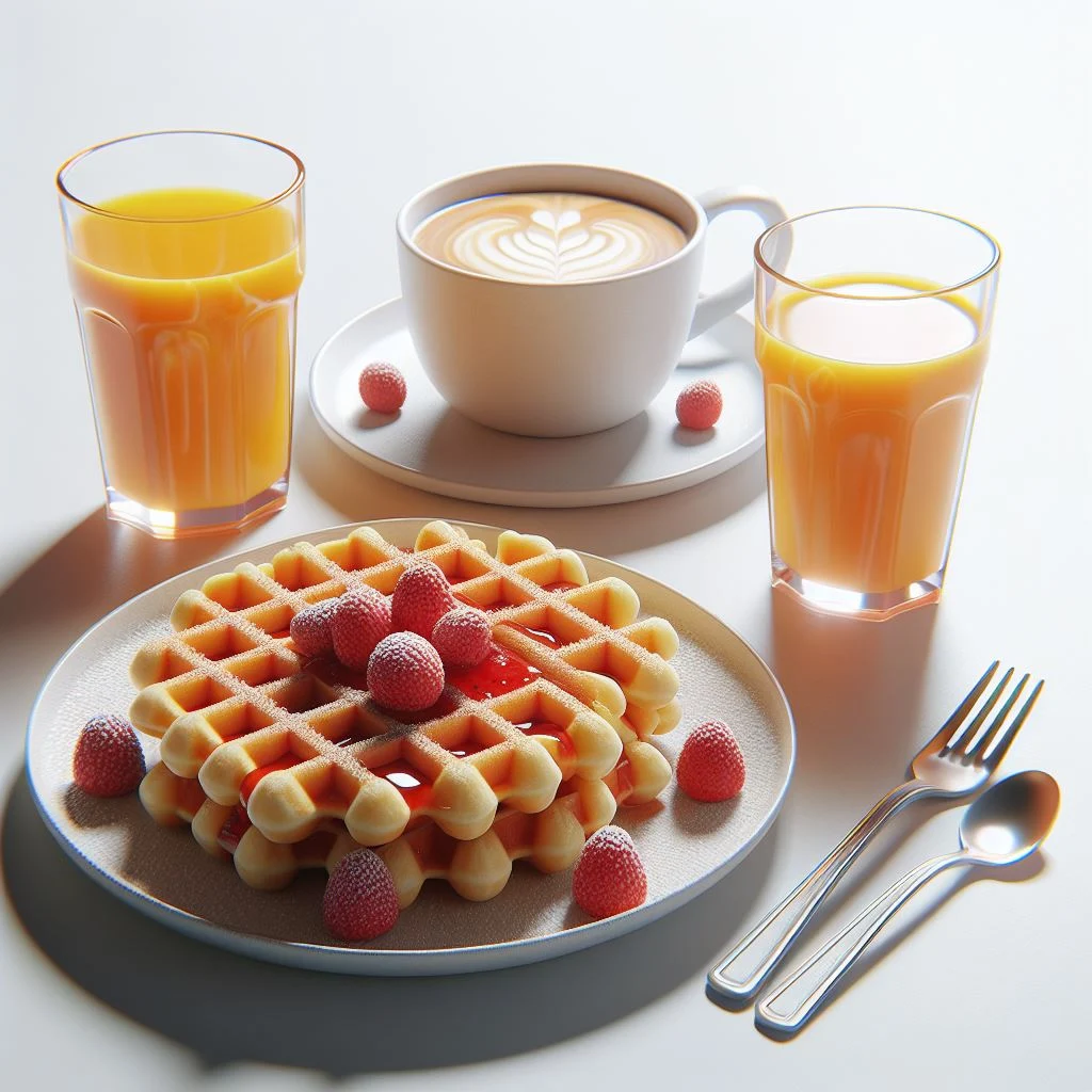 imagen creada con inteligencia artificial de unos waffles con mermelada de fresa jugo de naranja cafe