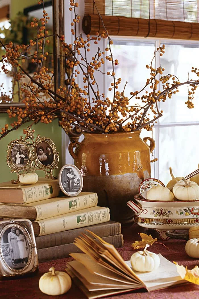 books stack, vintage photos, fall berries, pumpkins