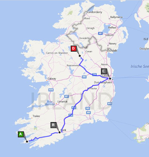 A= Castletownbere B= Cork C= Dublin D=Arvagh