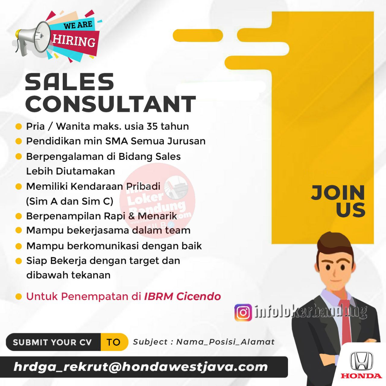 Lowongan Kerja Sales Consultant & Assistant HRD & GA Honda IBRM Cicendo Bandung Mei 2024