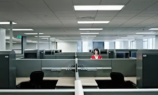 person sitting in a cubicle amongst many empty cubicles.