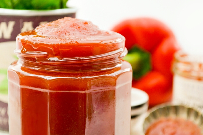 sweet pepper chilli sauce in a jam jar.