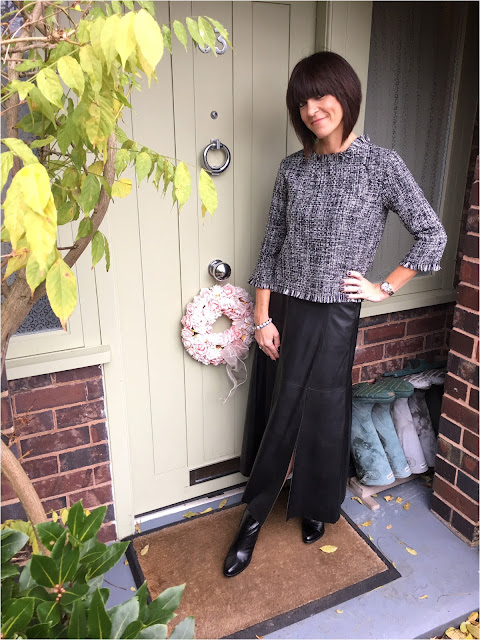 My Midlife Fashion, Marks and spencer a line midi faux leather skirt, zara frayed tweed top, j crew bracelet, block heel ankle boots