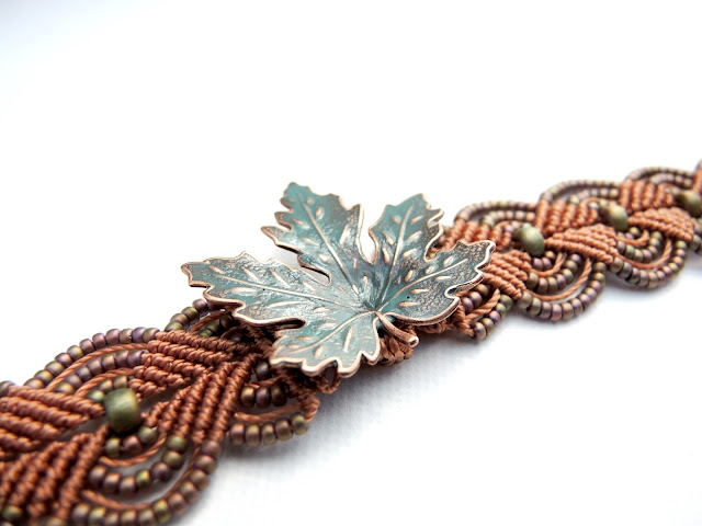 Turquoise leaf in copper micro macrame bracelet by Sherri Stokey of Knot Just Macrame.