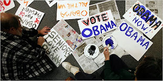 Supporters preparing signs for the official campaign announcement - from New York Times