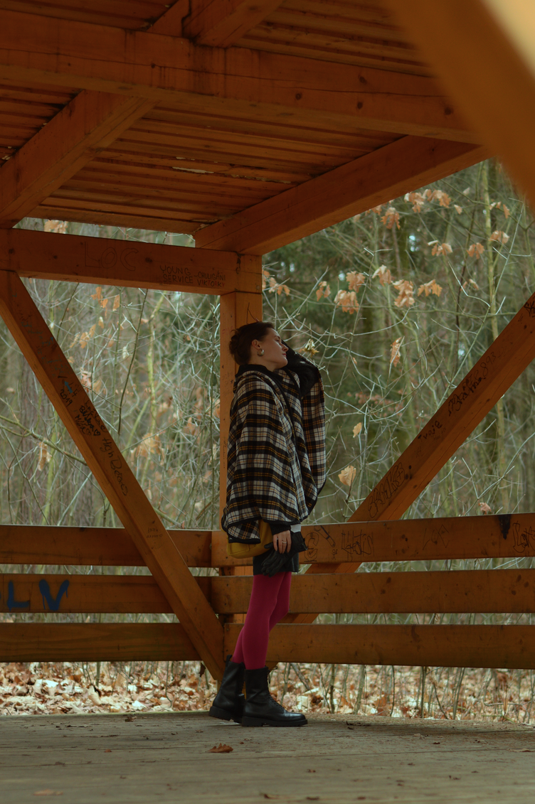 Colour blocking  hot pink and yellow, handmade tartan poncho, Vagabond boots, Georgiana Quaint