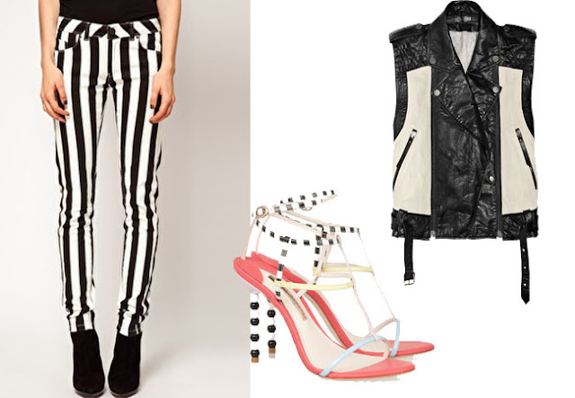 striped trousers, black white leather waistcoast