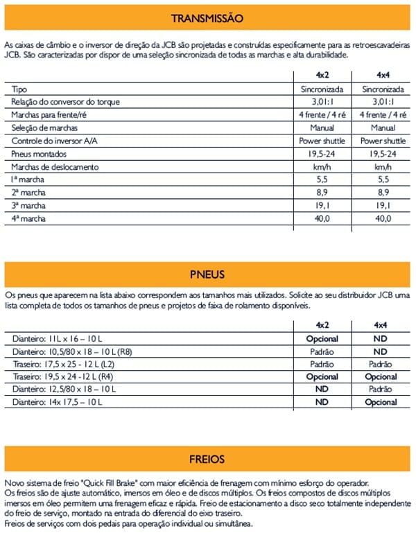 especificações JCB 3C e 3C PLUS