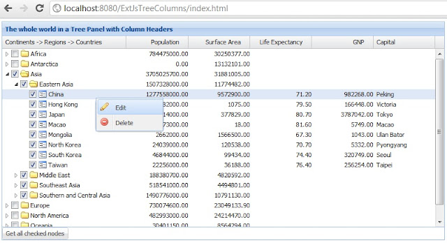 ExtJs 4 Tree Grid with checkboxes and menu options using Java Servlet, JSON and MySQL