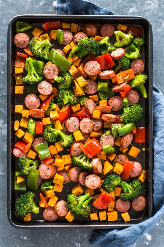 Sausage, sweet potato, broccoli, and bell peppers seasoned with olive oil, garlic, Italian seasoning and roasted to perfection. This quick 20-minute meal is a low-carb, healthy and packed full of f…