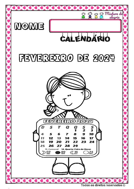 Calendário de fevereiro 2024,atividades de matemática