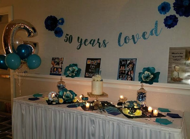 Blue themed 50th birthday party cake table 