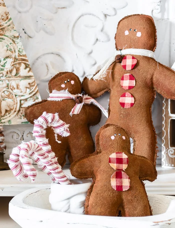 cinnamon fabric gingerbread men, ticking stripe candy canes, tile trees