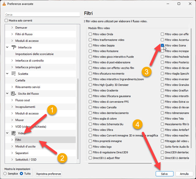 filtro video scena su VLC