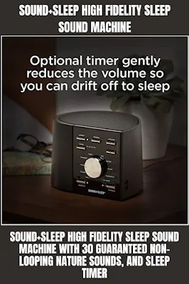 The Sound+Sleep High Fidelity Sleep Sound Machine is a device that plays 30 different nature sounds. These sounds are guaranteed to be unique and not repeat in a loop. It also has a timer so you can set it to turn off after you fall asleep.