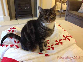 Suzi the Cat on the Red and White Pinwheel Quilt