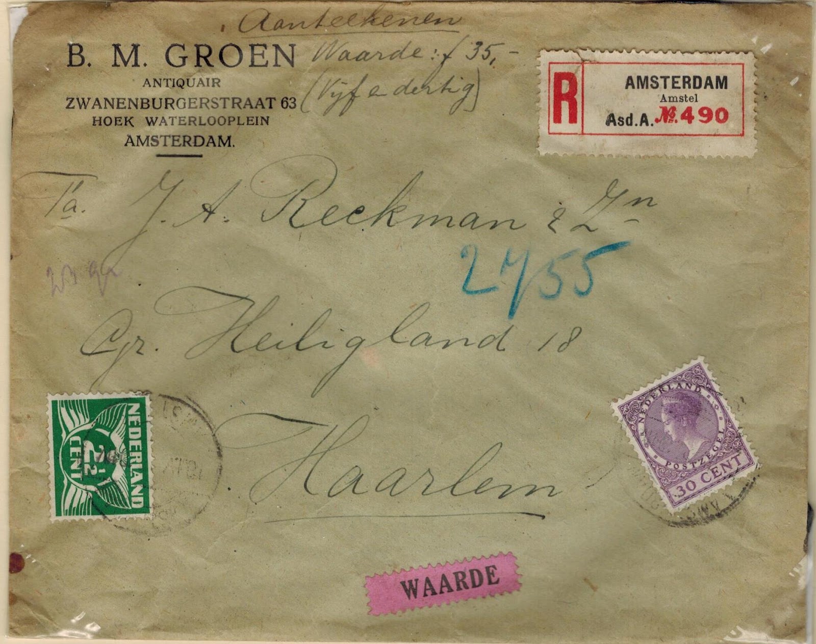 Netherlands Postal History: Domestic Insured Mail : 1921 - 1948