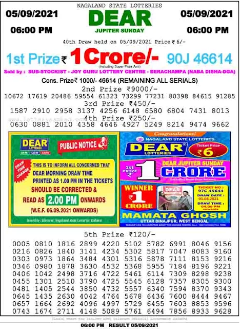 Nagaland State Lottery Result 5.9.2021