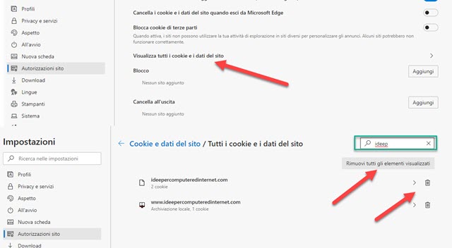 eliminare i cookie di dati siti su edge