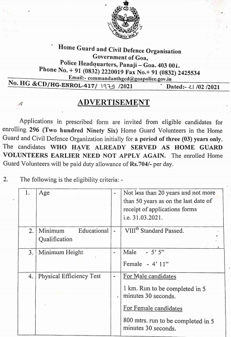 Goa Home Guard Volunteer Recruitment 2021 : HG CD 296 Home Guard Civil Defense Organization offline form