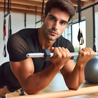 An image of a man doing a barre workout with weights or props.