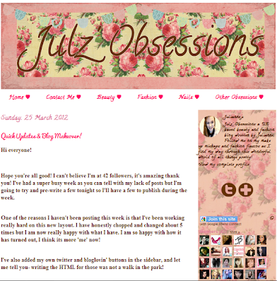 Screenshot of Julz Obsessions blog design with white background and header with pink background, pink and cream floral layer, pastel bunting and Julz Obsessions written in brown