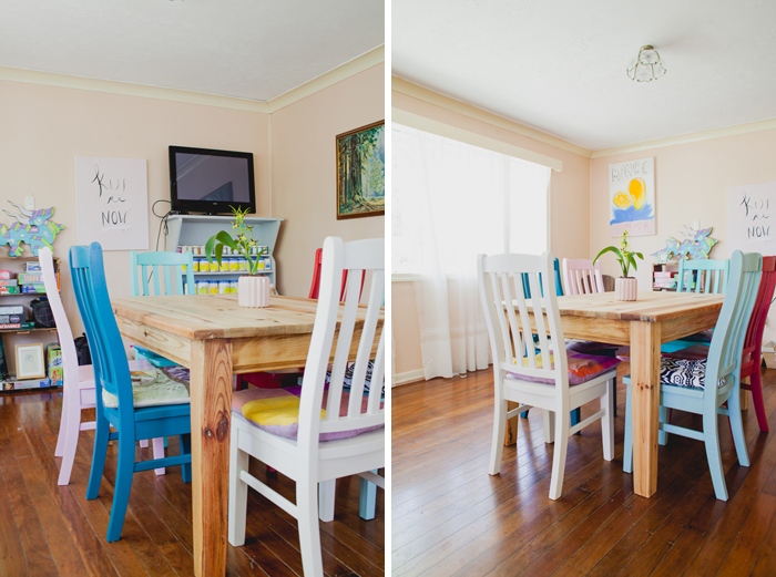 different colored dining chairs