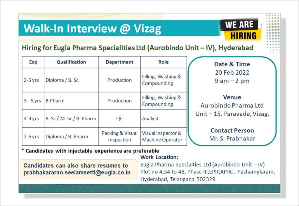 Job Availables,Eugia Pharma Specialities Ltd Walk-In-Interview For BSc/ MSc/ B.Pharm/ Diploma