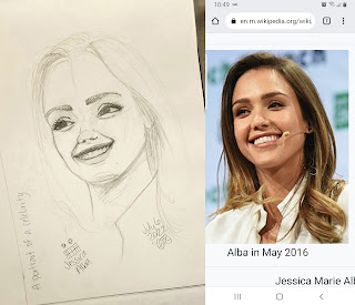An image of a drawing on the left, with a screenshot on the right. The left is a picture of a pencil drawing in a sketchbook: it is a poorly proportioned portrait of Jessica Alba. The image on the right is the reference photograph of celebrity Jessica Alba.