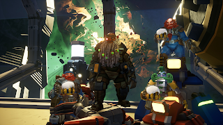 Dwarves on the Space Rig celebrating with a beer. In the background one sees the planet Hoxxis a piece of it floating by to the left