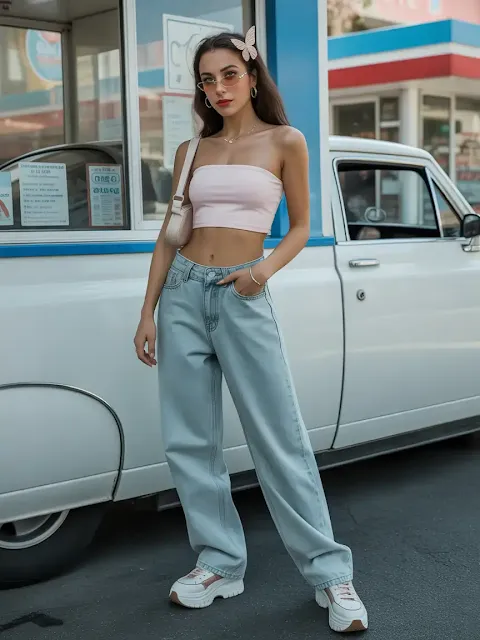 . Y2K Reloaded: Tube Top + Shoulder Bag + Baggy Jeans