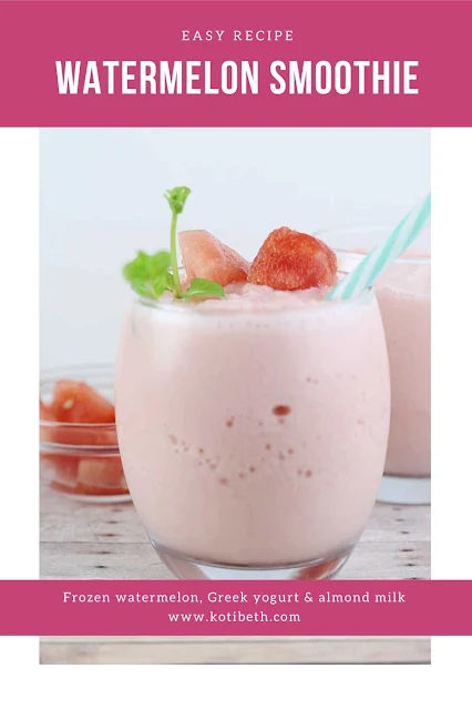 How to make a watermelon smoothie recipe. This uses frozen watermelon instead of ice cubes, Greek yogurt, and almond milk.  You can use coconut milk or cow's milk. Make easy summer drinks for kids or for yourself. Get ideas for healthy easy drinks with real fruit. Use blenders to make this in just a few minutes #watermelon #smoothie #recipe