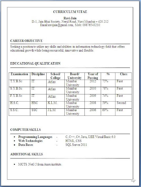 Resume Format For Freshers Lecturer